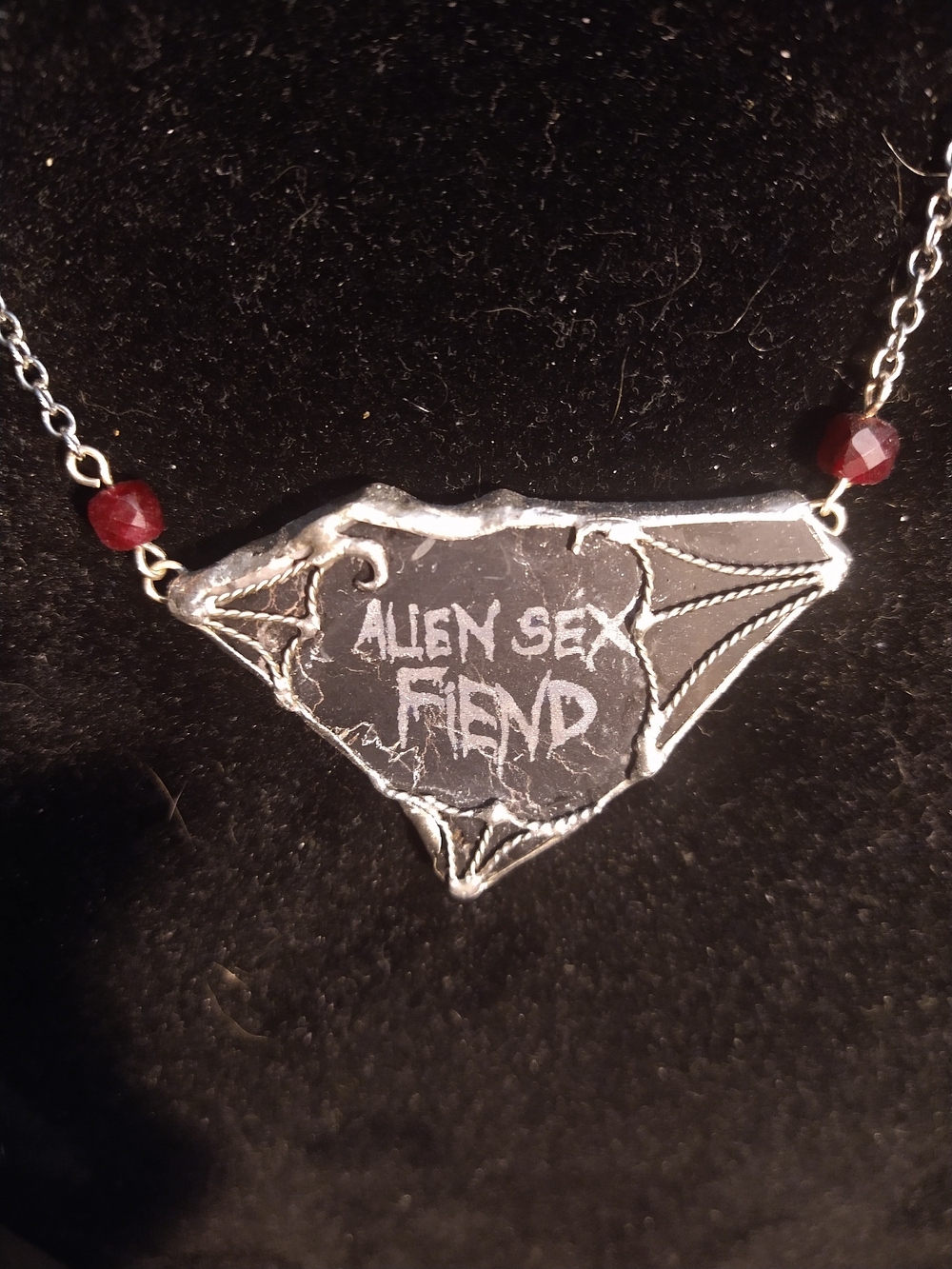 Alien Sex Fiend Black Pendant Necklace with Garnet Beads